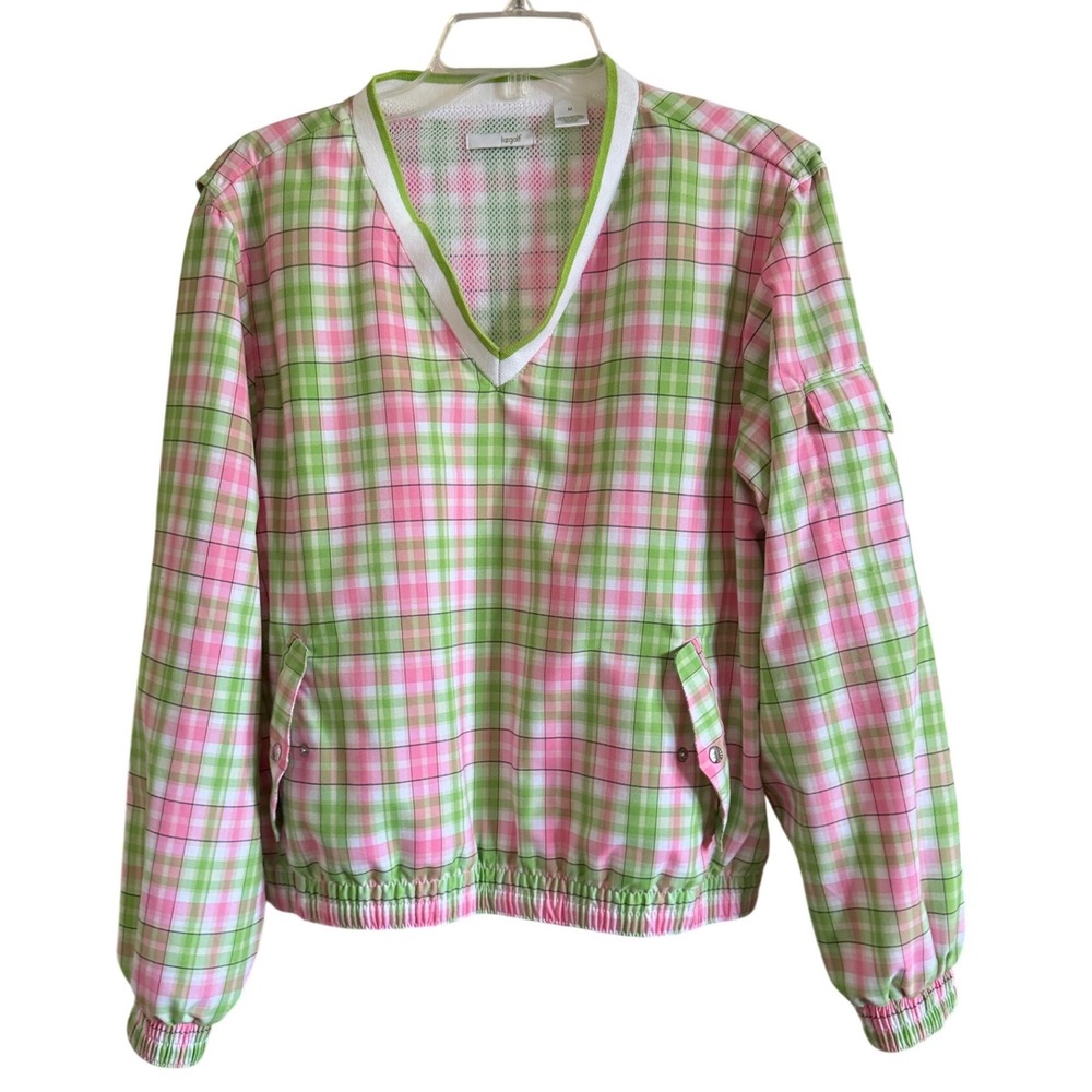 Lizgolf Pink Green Plaid V-Neck Windbreaker Mesh Lined Pullover Jacket Womens M